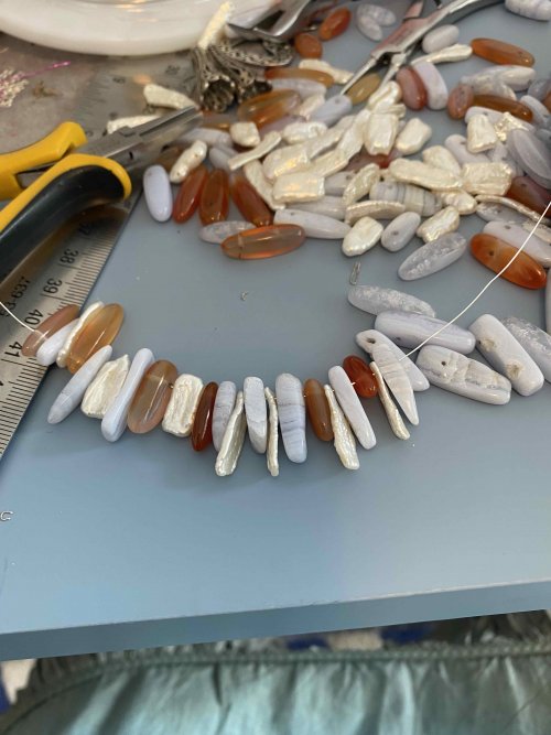 Lori Cranson's Fire and Ice Crocheted Necklace - , Contemporary Wire Jewelry, Crocheting, Pre-string the first strand of beads onto the wire